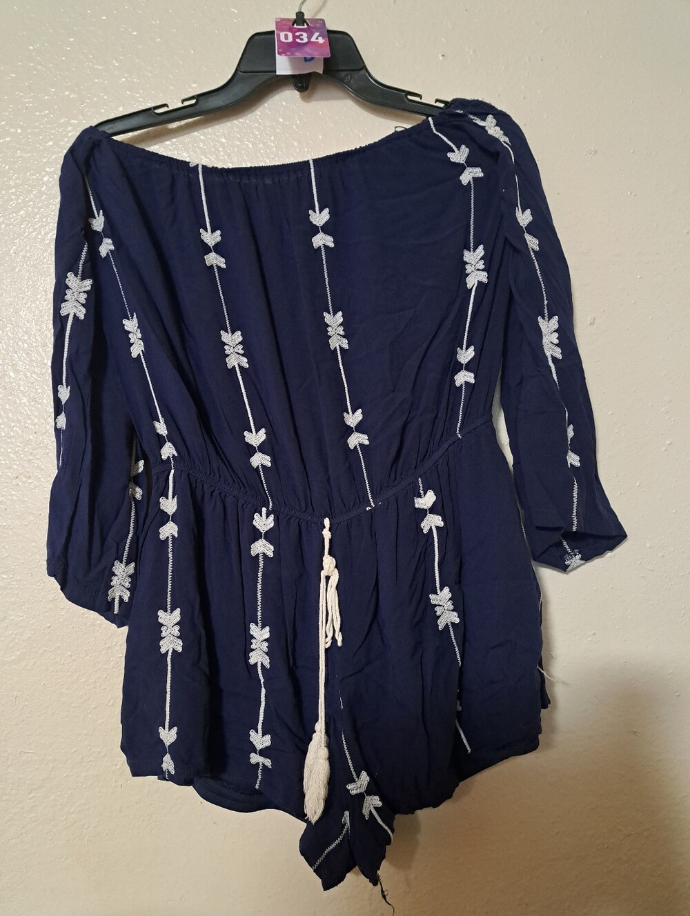 Exist Womens Romper Shorts Large Navy Blue white‎ Boho Cold Shoulder Peasant